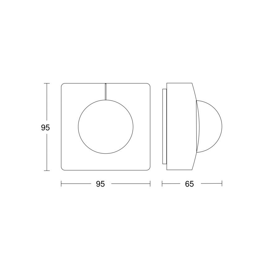 Technický výkres zobrazuje nástennú svietidlo s kruhovým difúzorom. Svietidlo je štvorcové s rozmermi 95 x 95 mm. Senzor má rozmery 65 mm.