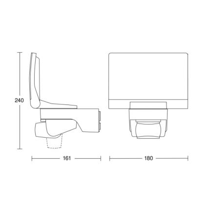 Závesná toaleta je zobrazená v bočnom a čelnom pohľade s rozmermi 240 x 161 x 180 mm.