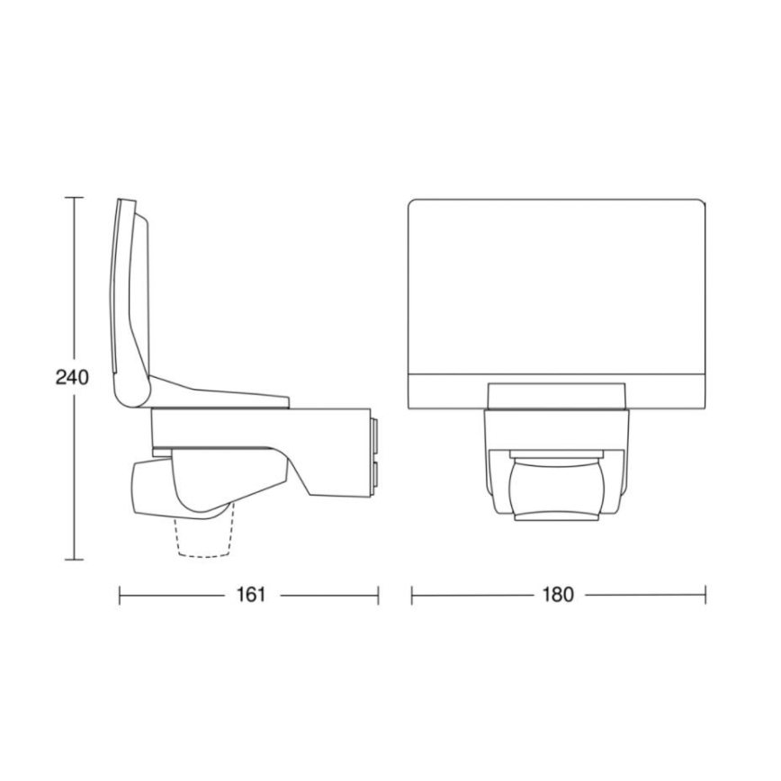 Závesná toaleta je zobrazená v bočnom a čelnom pohľade s rozmermi 240 x 161 x 180 mm.