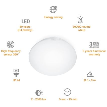 STEINEL 035105 - LED Kúpeľňové svietidlo so senzorom RS 16 LED G LED/9,5W/230V IP44