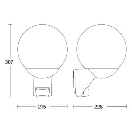 Guľové svietidlo sa montuje na stenu. Rozmery: výška 307 mm, šírka 215 mm a hĺbka 228 mm.