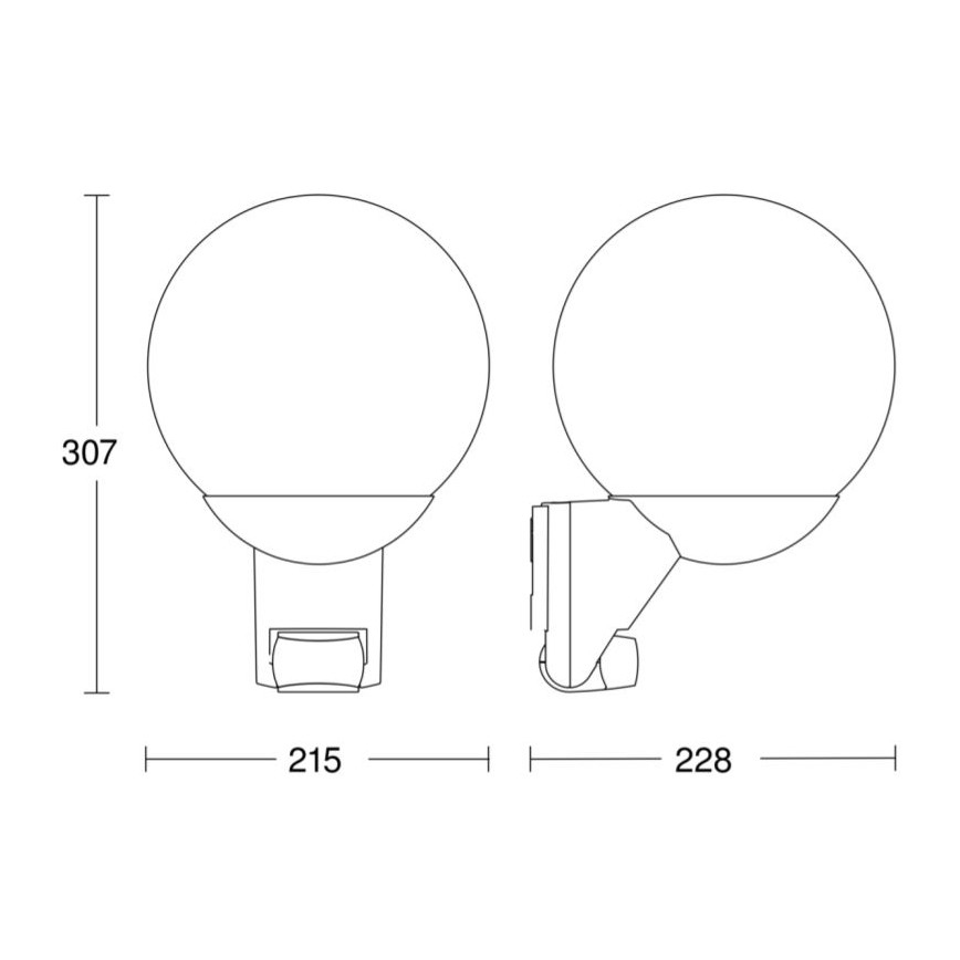 Guľové svietidlo sa montuje na stenu. Rozmery: výška 307 mm, šírka 215 mm a hĺbka 228 mm.