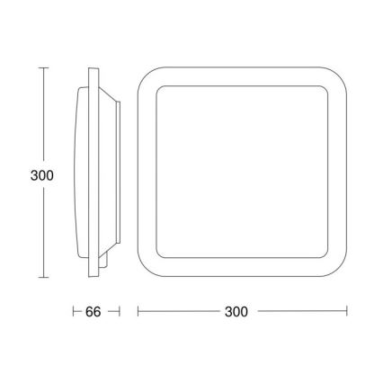 Nástená svietidlo s rozmermi 300x300 mm a hĺbkou 66 mm je zobrazené v technickom výkrese. Svietidlo má štvorcový tvar s zaoblenými rohmi. Výkres obsahuje rozmerové údaje.