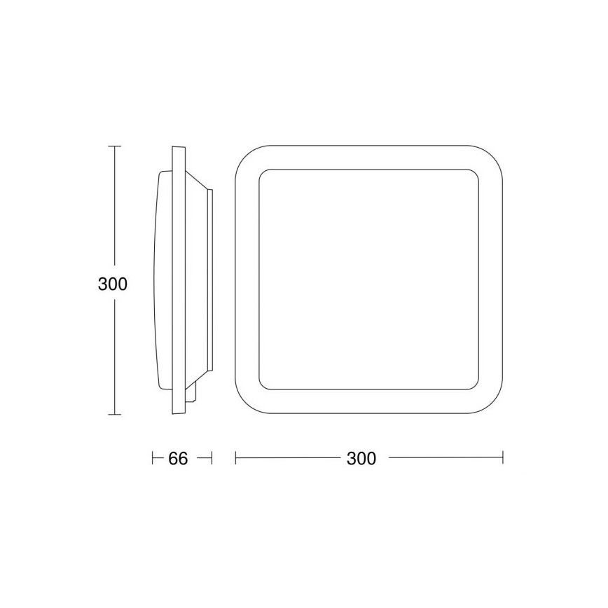 Nástená svietidlo s rozmermi 300x300 mm a hĺbkou 66 mm je zobrazené v technickom výkrese. Svietidlo má štvorcový tvar s zaoblenými rohmi. Výkres obsahuje rozmerové údaje.