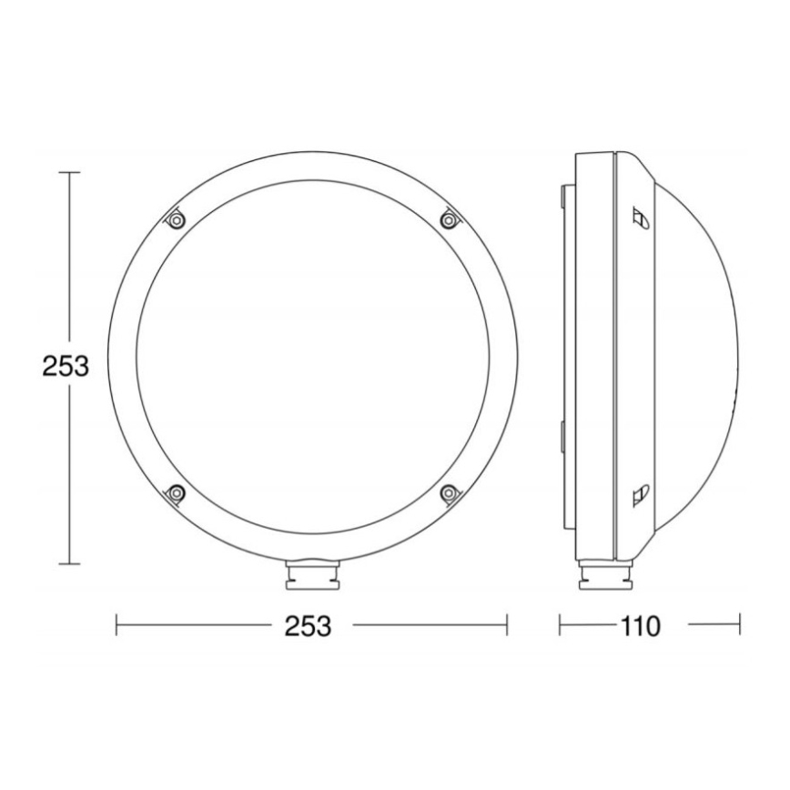 Okrúhle svietidlo s priemerom 253 mm je zobrazené v čelnom a bočnom náčrte. Svietidlo má pripojenie v spodnej časti. Bočný náčrt ukazuje hĺbku 110 mm.