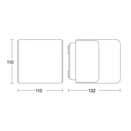 Technický výkres zobrazuje rozmery svietidla. Svietidlo má valcový a hranolový tvar s rozmermi 110x110x132 mm.
