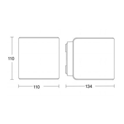 Technický výkres zobrazuje dve perspektívy obdĺžnikového objektu s rozmermi 110 x 110 x 134 mm. Objekt je znázornený v čelnom a bočnom pohľade.