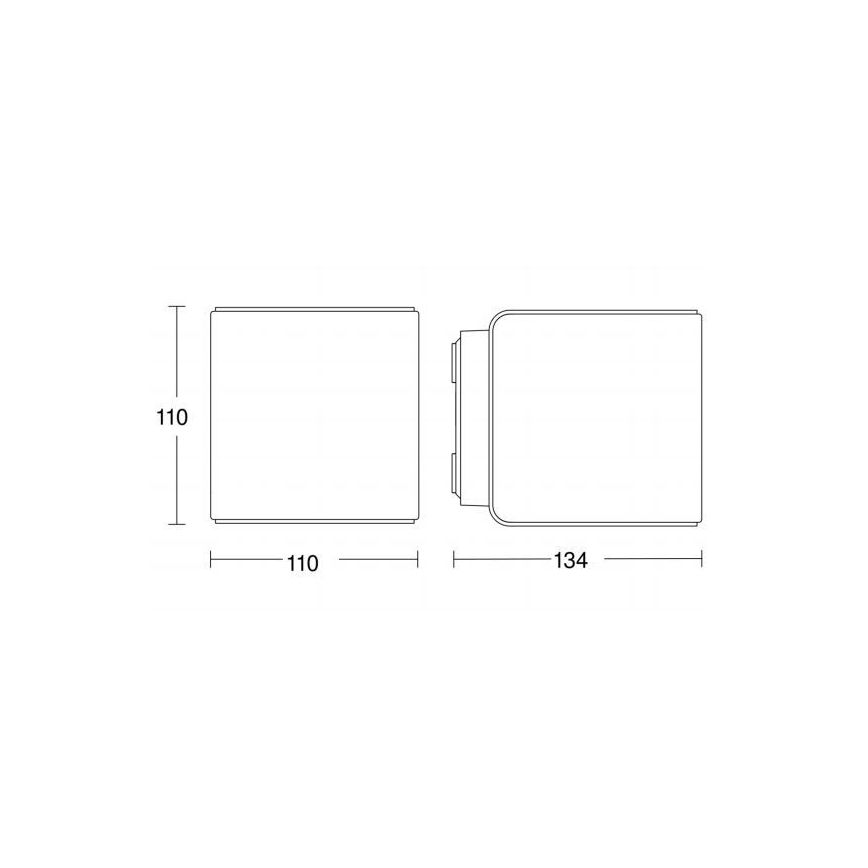Technický výkres zobrazuje dve perspektívy obdĺžnikového objektu s rozmermi 110 x 110 x 134 mm. Objekt je znázornený v čelnom a bočnom pohľade.