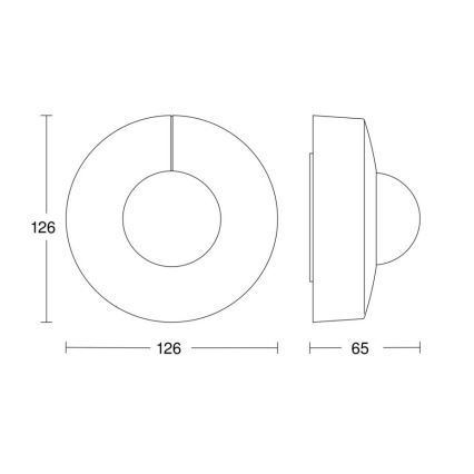 Technický výkres zobrazuje kruhový svietidlo s priemerom 126 mm, ktoré je namontované na stenu. Bočný pohľad ukazuje jeho hrúbku 65 mm.
