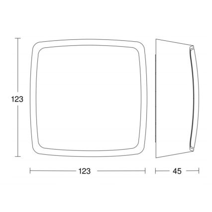 Technický výkres zobrazuje nástennú svietidlo s rozmermi 123 x 123 x 45 mm. Svietidlo má štvorcový tvar s mierne zaoblenými rohmi.