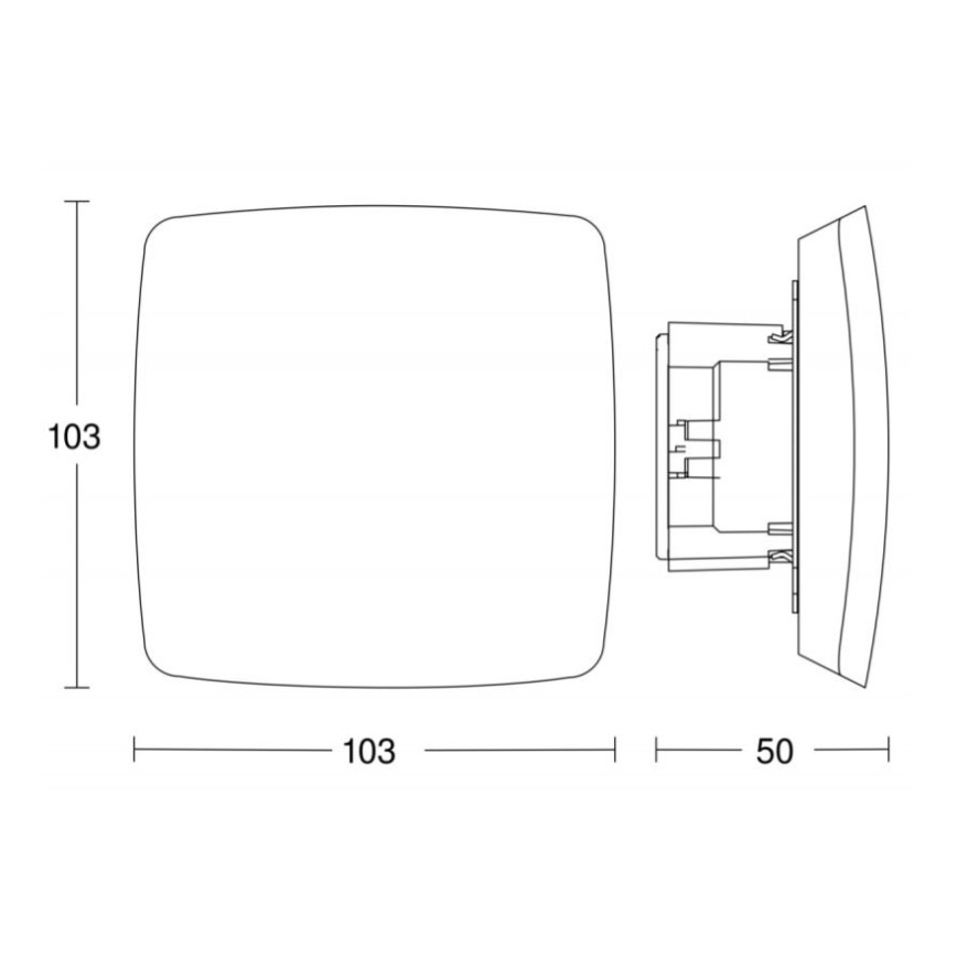 Technický výkres znázorňuje štvorcový panel s rozmermi 103 x 103 mm. Panel sa montuje na stenu pomocou mechanizmu s hĺbkou 50 mm. Výkres uvádza rozmery.