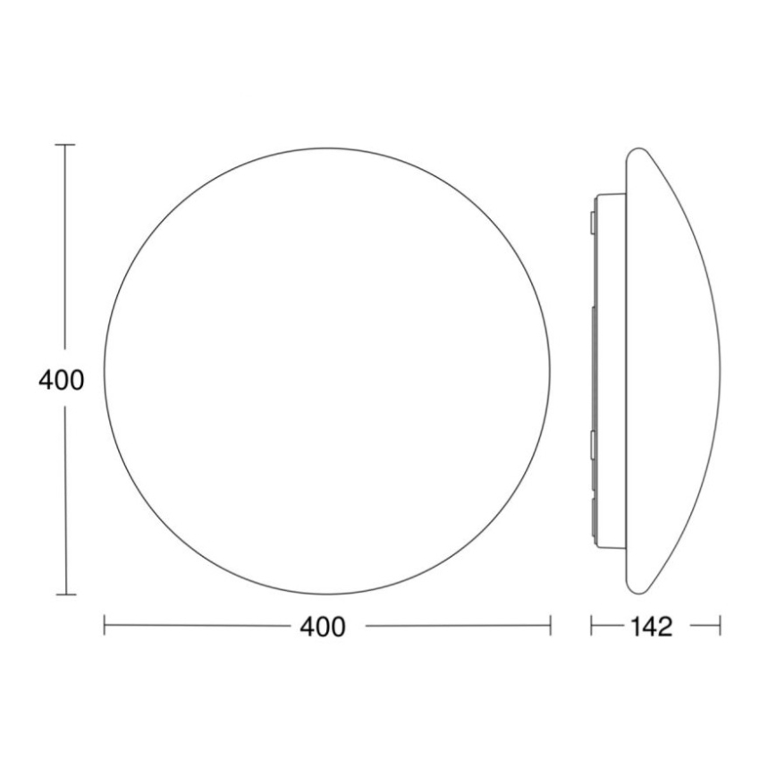 Okrúhle svietidlo s priemerom 400 mm a hrúbkou 142 mm je zobrazené v náčrte s rozmermi.