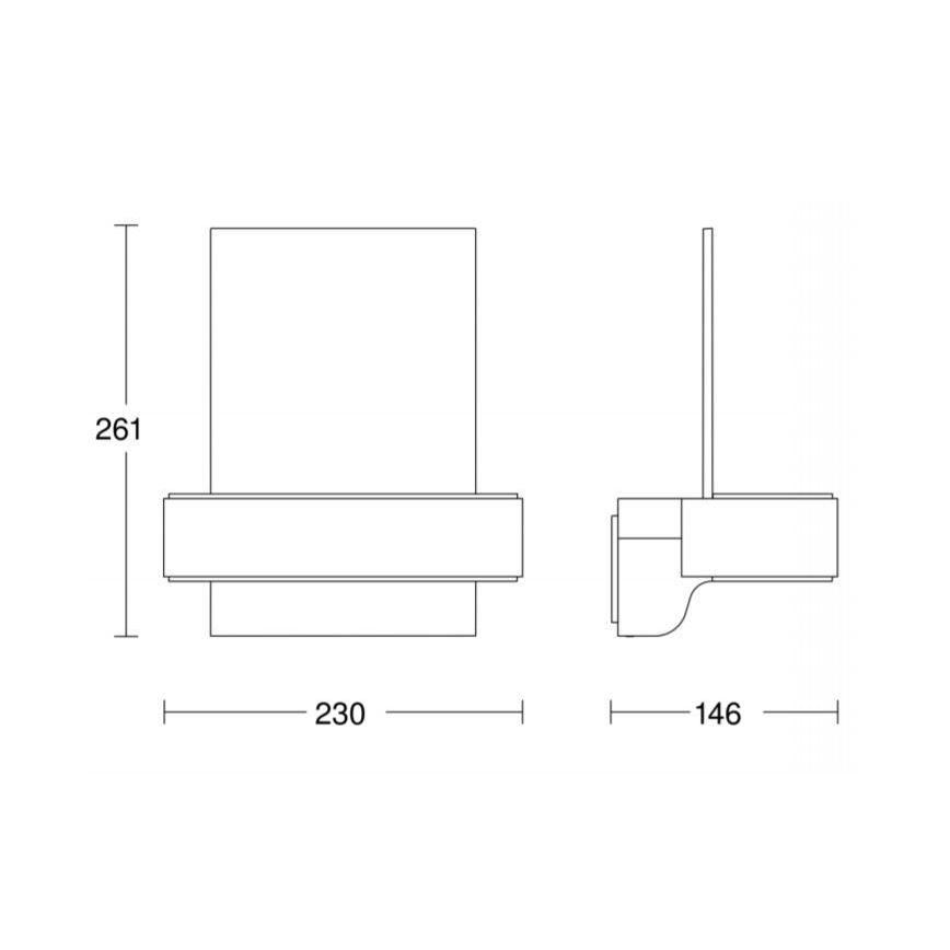 Technický výkres zobrazuje nástenné svietidlo. Svietidlo je umiestnené na stene a má rozmery 230 x 261 x 146 mm.