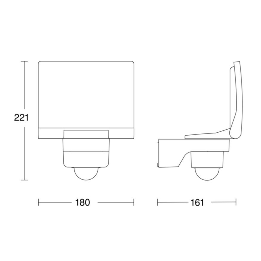 Závesná toaleta je zobrazená v čelnom a bočnom pohľade s rozmermi: výška 221, šírka 180 a hĺbka 161.