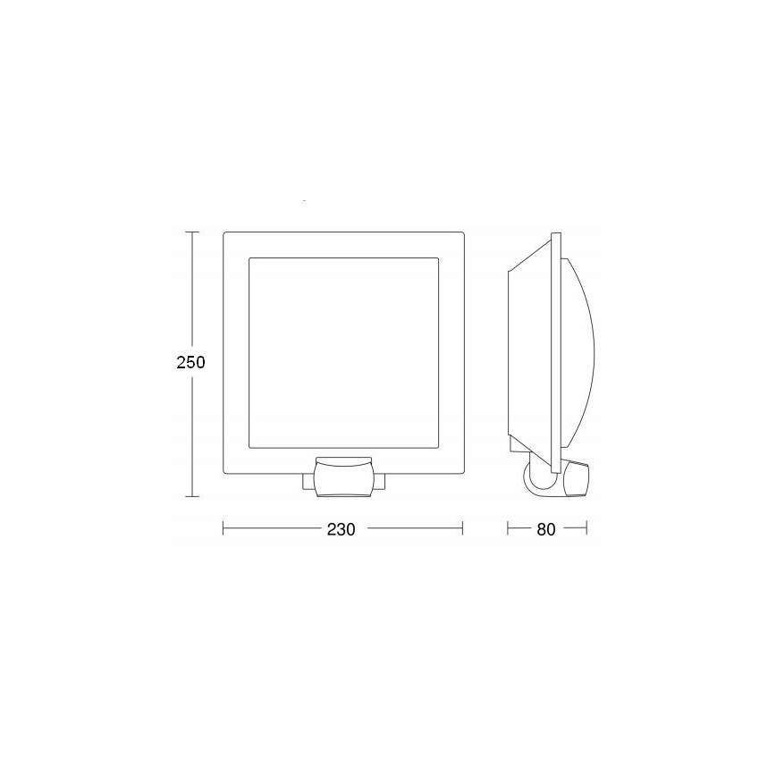 Nástené svietidlo, rozmery 250 x 230 x 80 mm, je zobrazené v čelnom a bočnom pohľade s technickými detailmi.