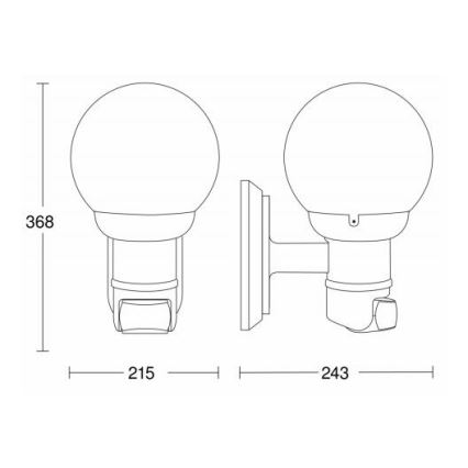 Dve nástenné svietidlá s guľovou sklenenou časťou sa montujú na stenu. Rozmery: výška 368 mm, šírka 215 mm a 243 mm.