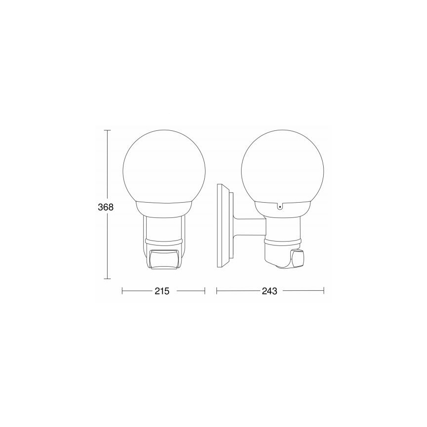 Dve nástenné svietidlá s guľovou sklenenou časťou sa montujú na stenu. Rozmery: výška 368 mm, šírka 215 mm a 243 mm.