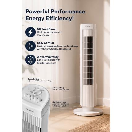 Stĺpový ventilátor 50W/230V biely
