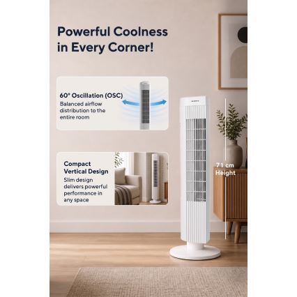 Stĺpový ventilátor 50W/230V biely