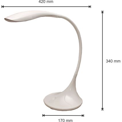 Biela stolná lampa s ohnutým ramenom stojí na plochom podstavci. Rozmery: 420 mm (výška), 340 mm (šírka), 170 mm (priemer podstavca).