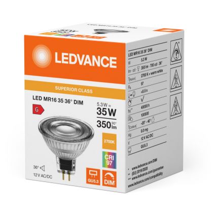 LED Stmievateľná reflektorová žiarovka MR16 GU5,3/5,3W/12V 2700K 36° CRI 97 - Ledvance