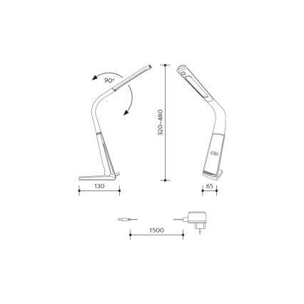 Stolná lampa s ohybným ramenom, ktorá sa dá nastaviť do rôznych uhlov (90°), má rozmery 130 x 320-480 x 65 mm. Súčasťou je aj napájací adaptér s dĺžkou kábla 1500 mm.