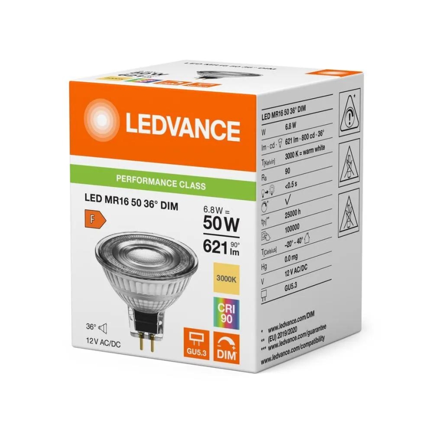 Stmievateľná LED žiarovka MR16 GU5,3/6,8W/12V 3000K 36° CRI 90 - Ledvance
