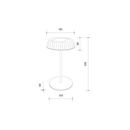 Stolová lampa s tienidlom, integrovaným solárnym panelom, stojí na kruhovej základni. Rozmery: výška 255 mm, priemer tienidla 135 mm, priemer základne 120 mm, výška tienidla 38 mm.
