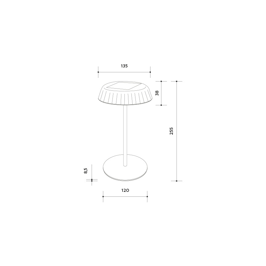 Stolová lampa s tienidlom, integrovaným solárnym panelom, stojí na kruhovej základni. Rozmery: výška 255 mm, priemer tienidla 135 mm, priemer základne 120 mm, výška tienidla 38 mm.