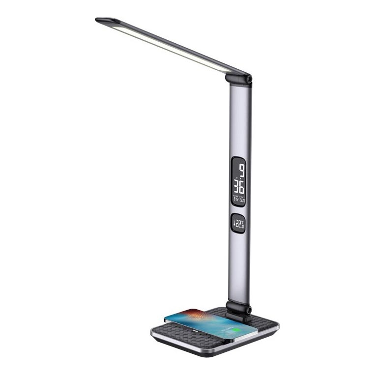 Stmievateľná stolná LED lampa 8,5 W/230 V so bezdrôtovým nabíjaním, strieborná