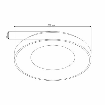 Okrúhle svietidlo s priemerom 385 mm a výškou 65 mm je znázornené v čiernobielej schéme s rozmermi.