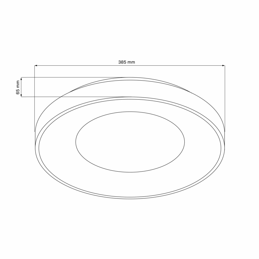 Okrúhle svietidlo s priemerom 385 mm a výškou 65 mm je znázornené v čiernobielej schéme s rozmermi.