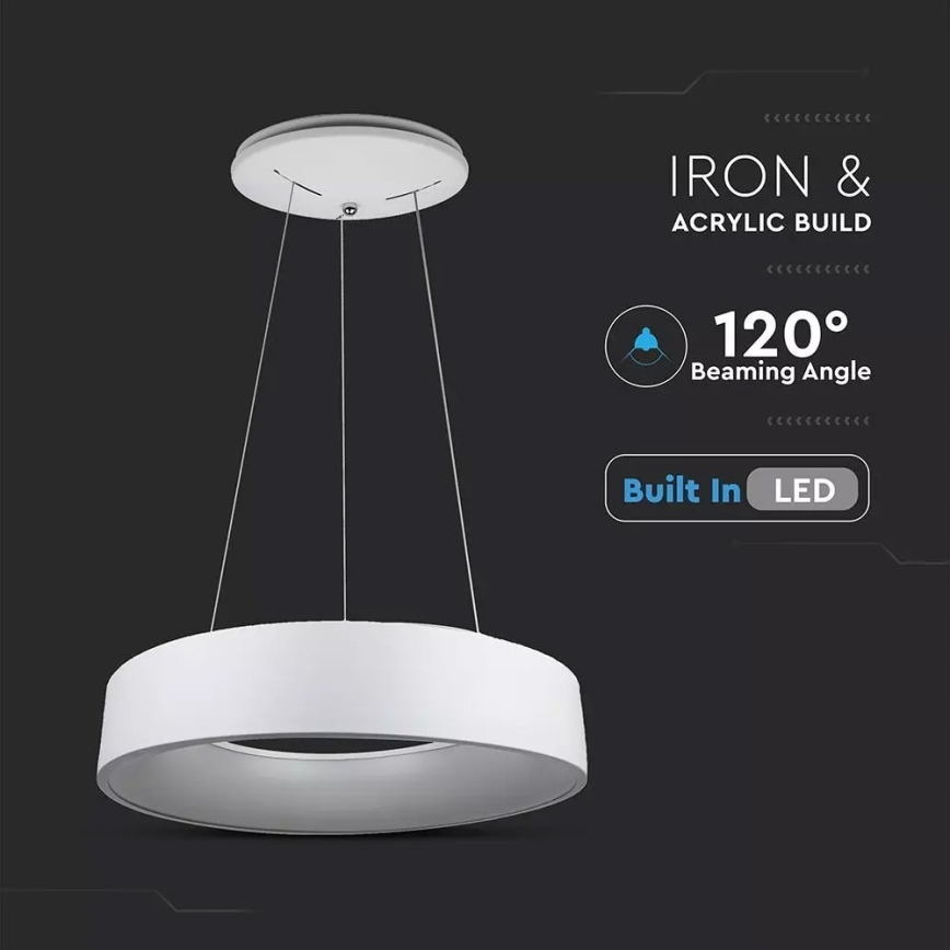 Závesné kruhové LED svietidlo visí z stropu. Svietidlo je vyrobené z železa a akrylu, má vstavané LED diódy a uhol lúča 120°.