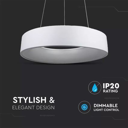Biela kruhová lampa visí zo stropu. Je stmievateľná a má IP20 rating. Lampa je elegantného dizajnu. Text na obrázku uvádza: „STYLISH & ELEGANT DESIGN“, „IP20 RATING“, „DIMMABLE LIGHT CONTROL“.