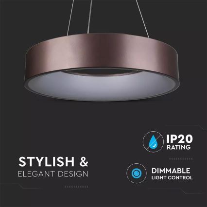 Okrúhle hnedé závesné svietidlo s vnútorným bielym svetelným krúžkom visí v tmavom priestore. Svietidlo je stmievateľné (DIMMABLE LIGHT CONTROL) s krytím IP20. Dizajn je štýlový a elegantný (STYLISH & ELEGANT DESIGN).