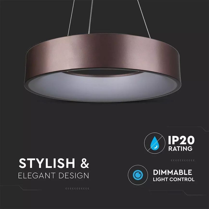 Okrúhle hnedé závesné svietidlo s vnútorným bielym svetelným krúžkom visí v tmavom priestore. Svietidlo je stmievateľné (DIMMABLE LIGHT CONTROL) s krytím IP20. Dizajn je štýlový a elegantný (STYLISH & ELEGANT DESIGN).