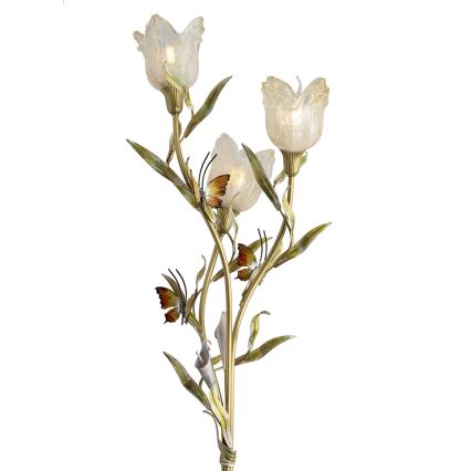 Trojramenná nástenná lampa s tvarom kvetov tulipánov a motýľov, svietiace svetlo, na bielom pozadí.