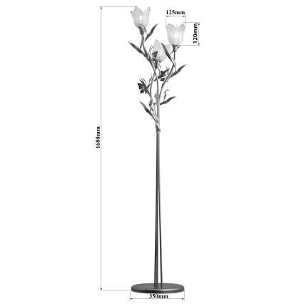 Stojacia lampa s tromi tienidlami v tvare tulipánov a motýlikmi, s výškou 1680 mm a priemerom základne 350 mm. Tienidlá majú rozmery 120x125 mm.