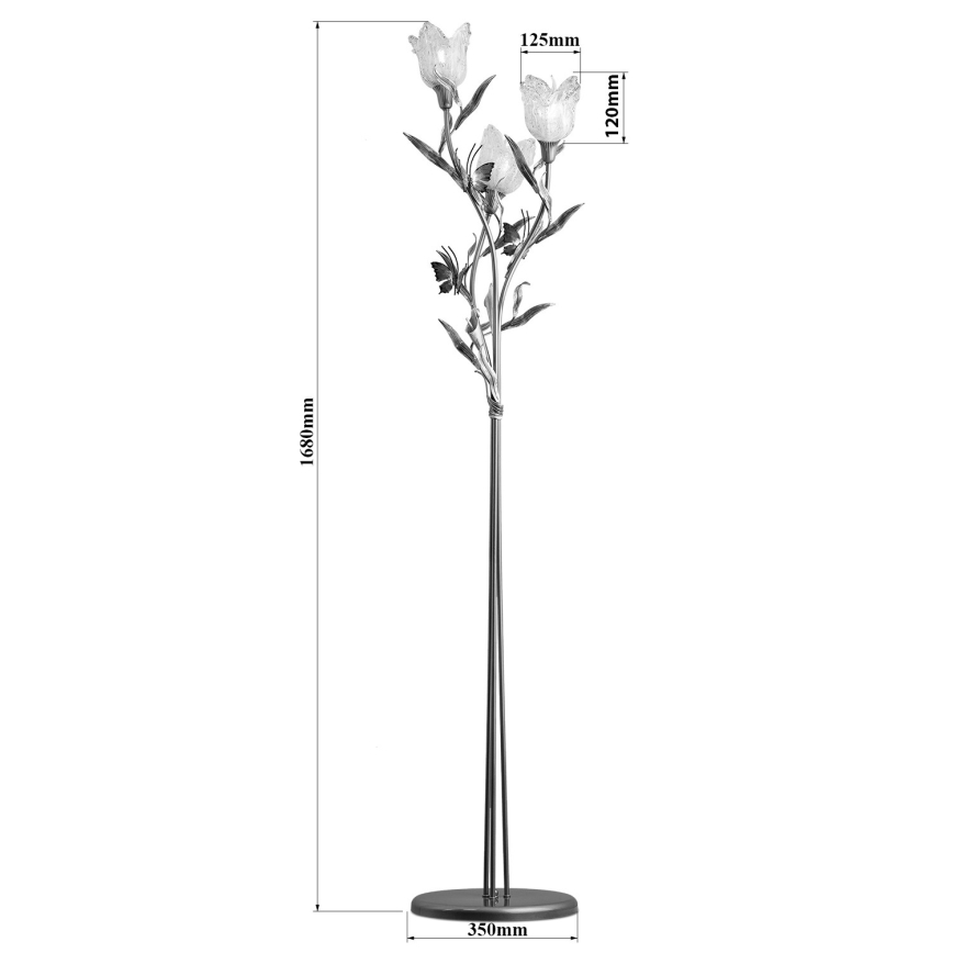 Stojacia lampa s tromi tienidlami v tvare tulipánov a motýlikmi, s výškou 1680 mm a priemerom základne 350 mm. Tienidlá majú rozmery 120x125 mm.