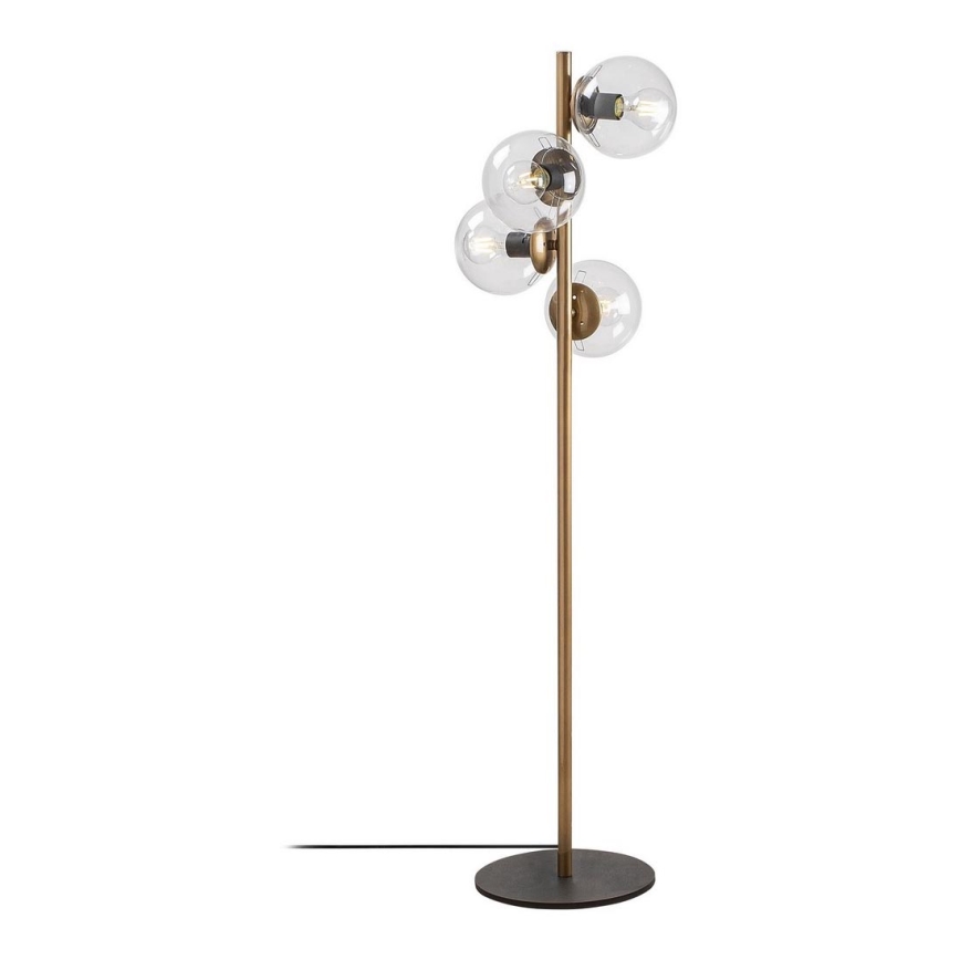 Stojacia lampa s kovovou tyčou a štyrmi priehľadnými sklenenými guľami obsahujúcimi žiarovky, stojí na tmavej kruhovej základni.