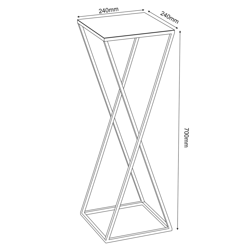 Stolík s štvorcovou doskou stojí na krížovo prepletených nohách. Rozmery: 240mm x 240mm x 700mm.
