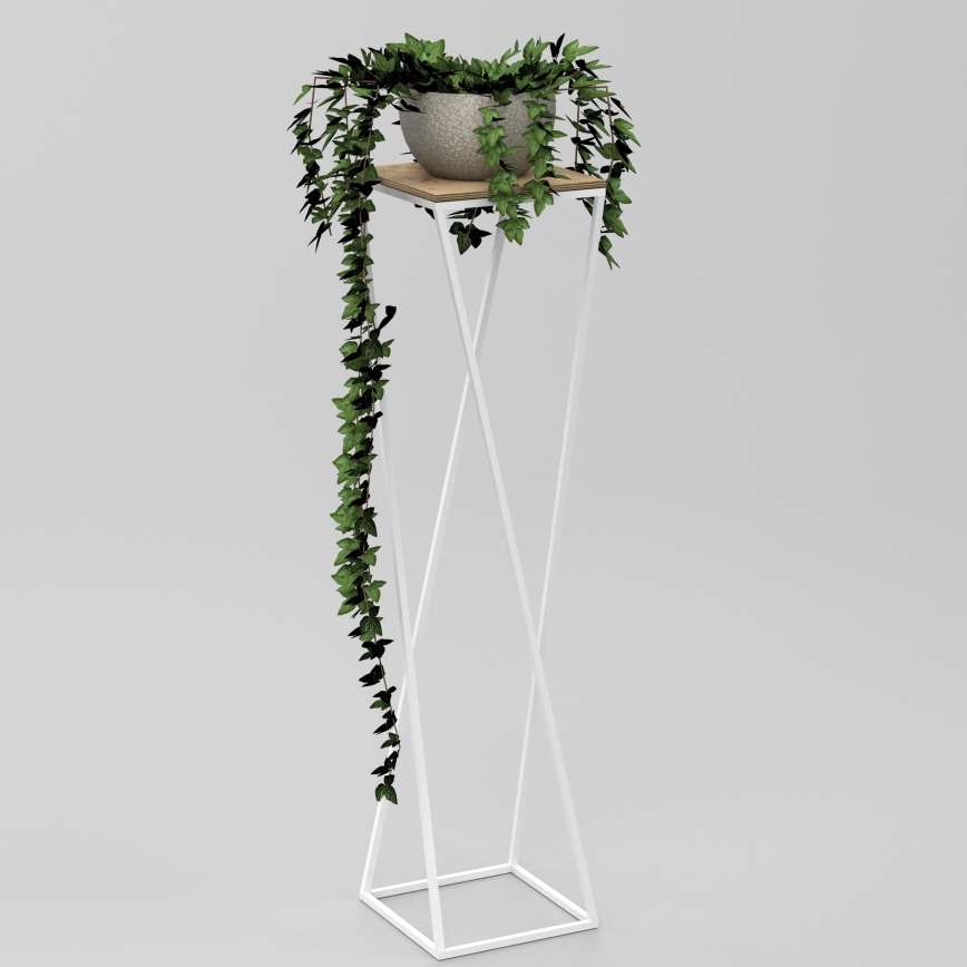 Kvetináč s popínavou rastlinou stojí na vysokom bielom kovovom stojane s drevenou podložkou. Rastlina preteká cez okraj kvetináča. Stojan má geometrický tvar.
