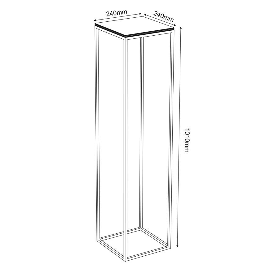 Stojan s rozmermi 240x240x1010 mm stojí na bielom pozadí. Má štvorcovú základňu a vrchnú plochu, spojené štvorcovou konštrukciou.