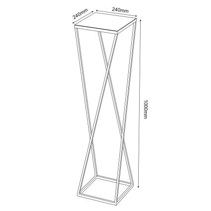 Stojan s štvorcovou doskou na vrchu a prekríženými nohami stojí na štvorcovej základni. Rozmery: horná doska 240mm x 240mm, výška 1000mm.