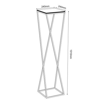 Stolík s štvorcovou doskou (240x240 mm) stojí na štvorcovej kovovej konštrukcii s prekríženými nohami (výška 1010 mm).