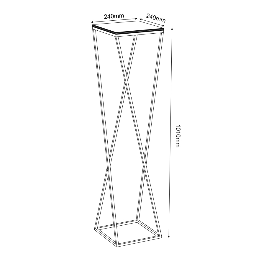 Stolík s štvorcovou doskou (240x240 mm) stojí na štvorcovej kovovej konštrukcii s prekríženými nohami (výška 1010 mm).