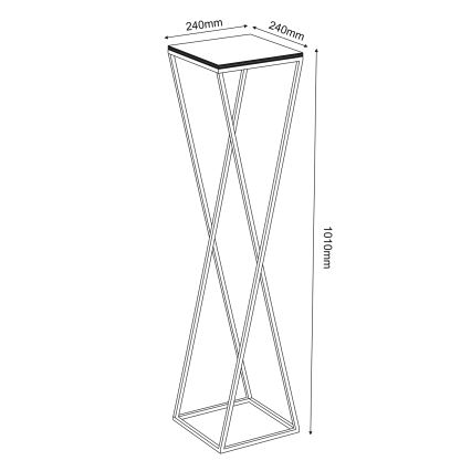 Stôl s rozmermi 240 x 240 x 1010 mm stojí na štvorcovej základni. Jeho nohy sú prepletené do tvaru X. Vrchná doska je tmavá.