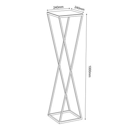 Stolík s štvorcovou doskou a prekríženými nohami stojí na štvorcovej základni. Rozmery sú: 240 mm x 240 mm x 1000 mm.