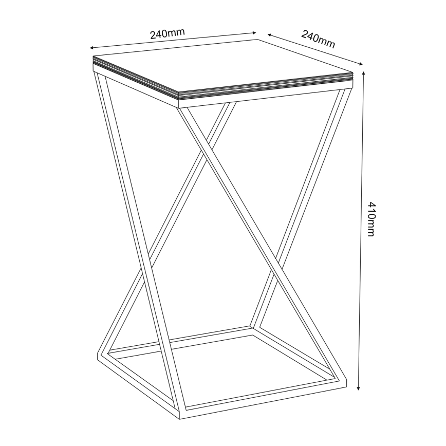 Štvorcový stolík s prekríženými nohami, vysoký 410 mm a so štvorcovou doskou o rozmere 240 x 240 mm.