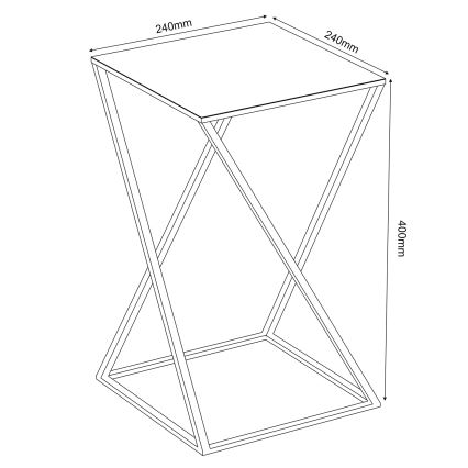 Nízky štvorcový stolík s prekríženými kovovými nohami a štvorcovou doskou stojí na bielom pozadí. Rozmery: vrchná doska 240 mm x 240 mm, výška 400 mm.